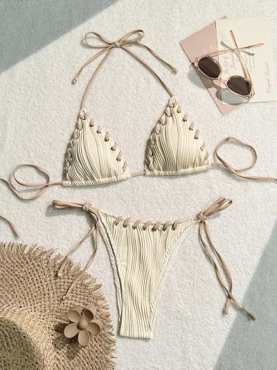 Summer Sexy Solid Color Bandage Bikini Beach Vacation Swimwear