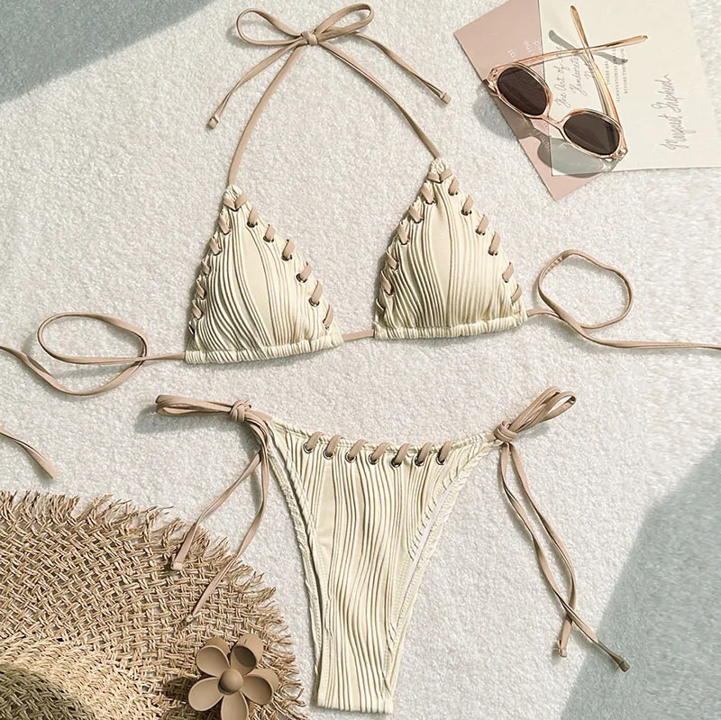 Summer Sexy Solid Color Bandage Bikini Beach Vacation Swimwear