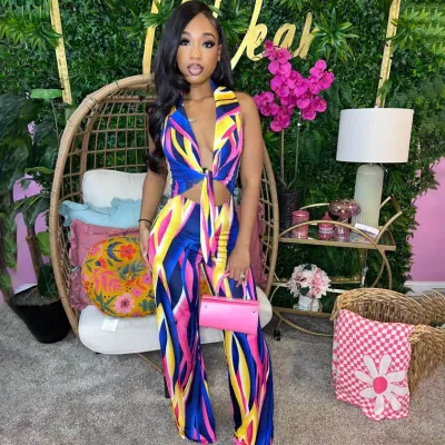 Women Fashion Sexy Deep V Strap Backless Graphic Printed Jumpsuits