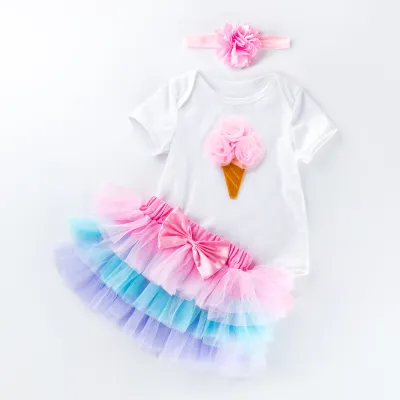 Kids Baby Girls Sweet Cute Birthday Party Cartoon Floral Short Sleeve Romper Mesh Skirt Set