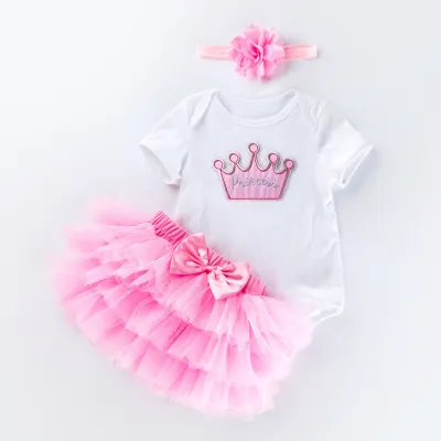 Kids Baby Girls Sweet Cute Birthday Party Cartoon Floral Short Sleeve Romper Mesh Skirt Set