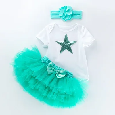 Kids Baby Girls Sweet Cute Birthday Party Cartoon Floral Short Sleeve Romper Mesh Skirt Set