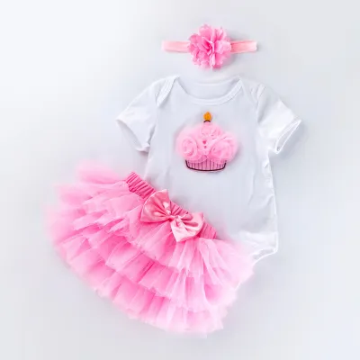 Kids Baby Girls Sweet Cute Birthday Party Cartoon Floral Short Sleeve Romper Mesh Skirt Set