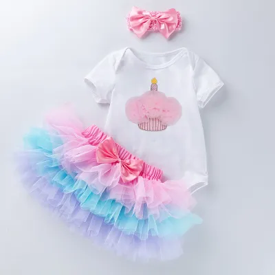 Kids Baby Girls Sweet Cute Birthday Party Cartoon Floral Short Sleeve Romper Mesh Skirt Set