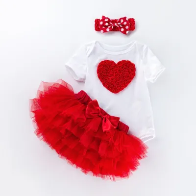 Kids Baby Girls Sweet Cute Birthday Party Cartoon Floral Short Sleeve Romper Mesh Skirt Set