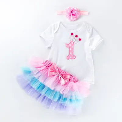 Kids Baby Girls Sweet Cute Birthday Party Cartoon Floral Short Sleeve Romper Mesh Skirt Set