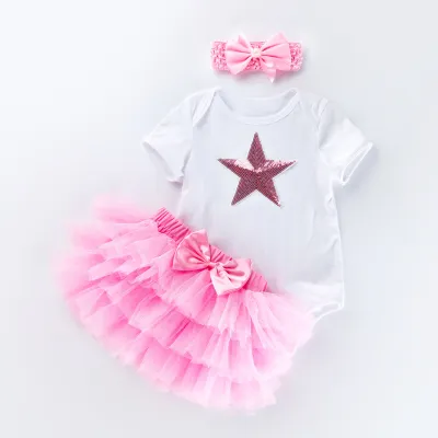 Kids Baby Girls Sweet Cute Birthday Party Cartoon Floral Short Sleeve Romper Mesh Skirt Set