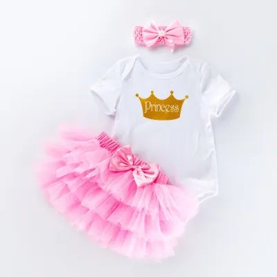 Kids Baby Girls Sweet Cute Birthday Party Cartoon Floral Short Sleeve Romper Mesh Skirt Set