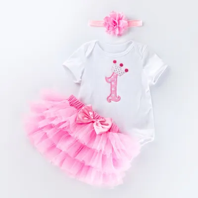Kids Baby Girls Sweet Cute Birthday Party Cartoon Floral Short Sleeve Romper Mesh Skirt Set