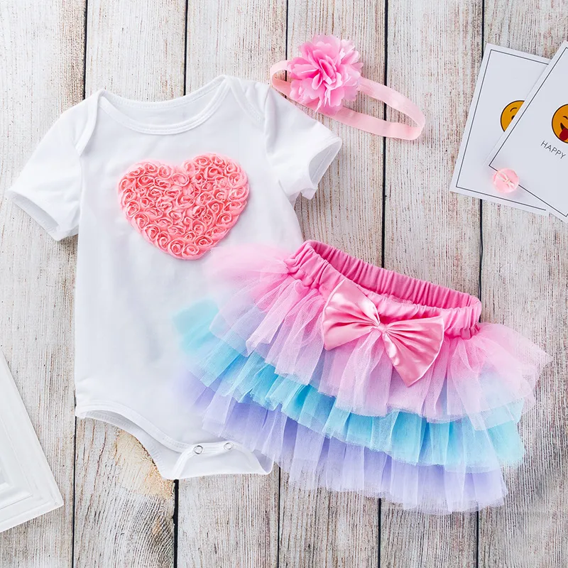 Kids Baby Girls Sweet Cute Birthday Party Cartoon Floral Short Sleeve Romper Mesh Skirt Set