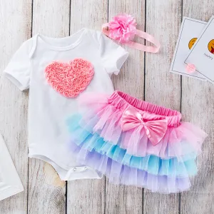 Kids Baby Girls Sweet Cute Birthday Party Cartoon Floral Short Sleeve Romper Mesh Skirt Set