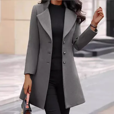 Autumn Winter Women Fashion Solid Color Slim-Fit Button Long Sleeve Wool Jacket