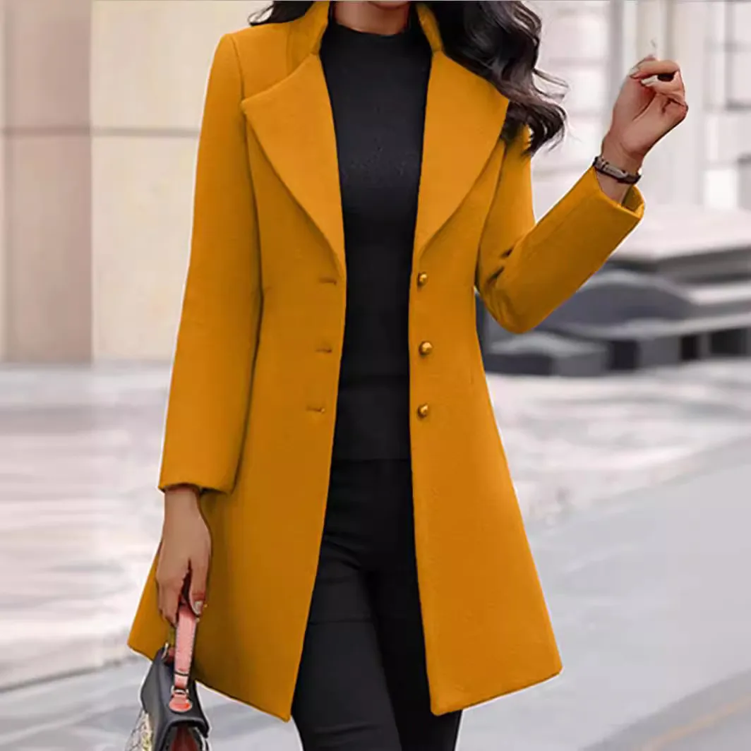 Autumn Winter Women Fashion Solid Color Slim-Fit Button Long Sleeve Wool Jacket