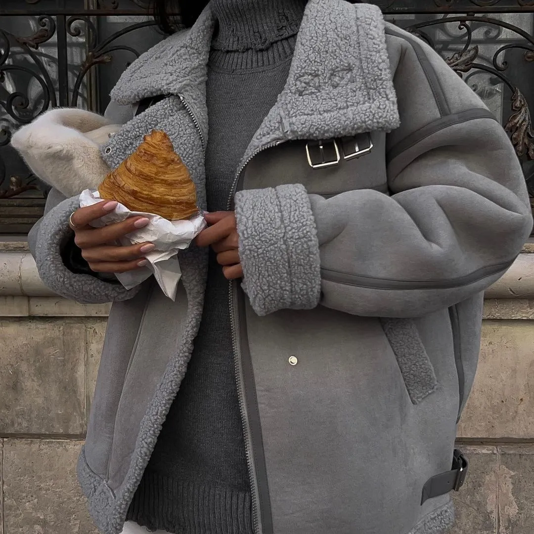 Autumn Winter Women Punk Lamb Wool Coat Loose Fit Lapel