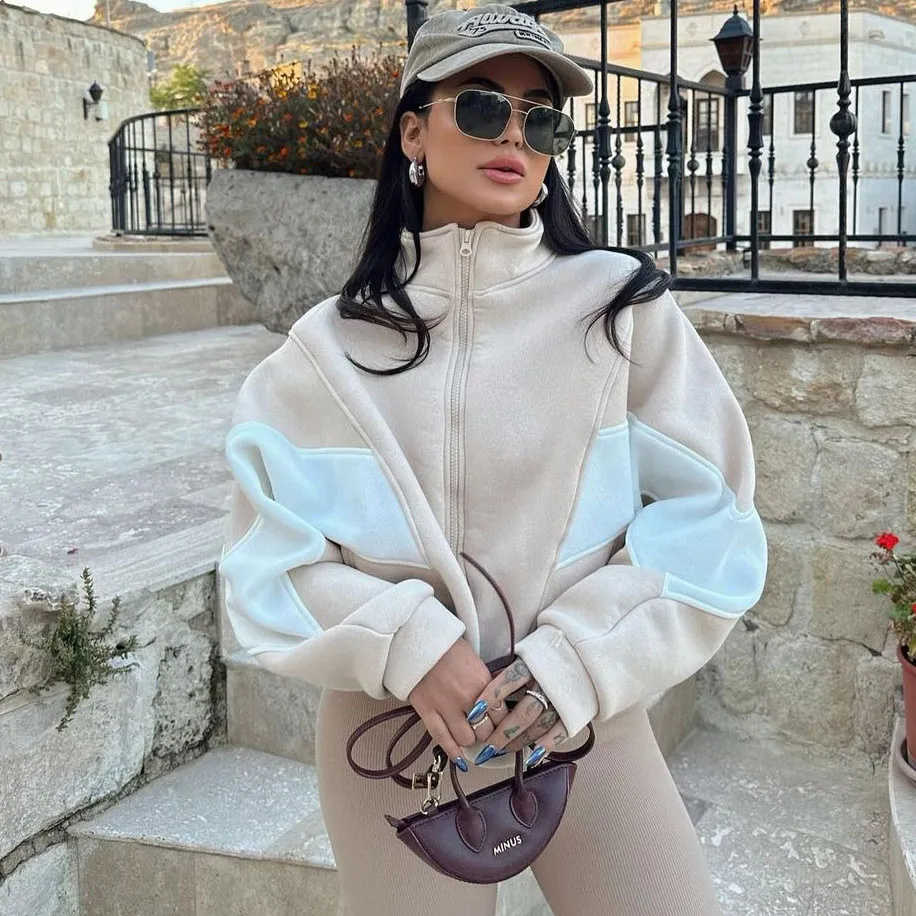 Women Casual Loose Color-Matching Long-Sleeve Stand Collar Jacket