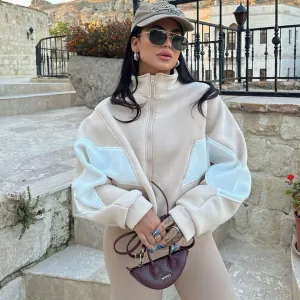 Women Casual Loose Color-Matching Long-Sleeve Stand Collar Jacket