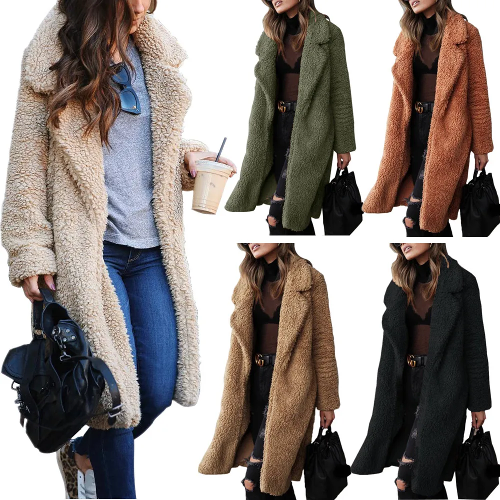 Autumn Winter Women Lambskin Fleece Long Sleeve Lapel Coat