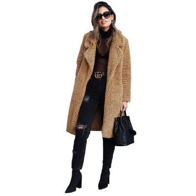 Autumn Winter Women Lambskin Fleece Long Sleeve Lapel Coat