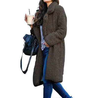 Autumn Winter Women Lambskin Fleece Long Sleeve Lapel Coat