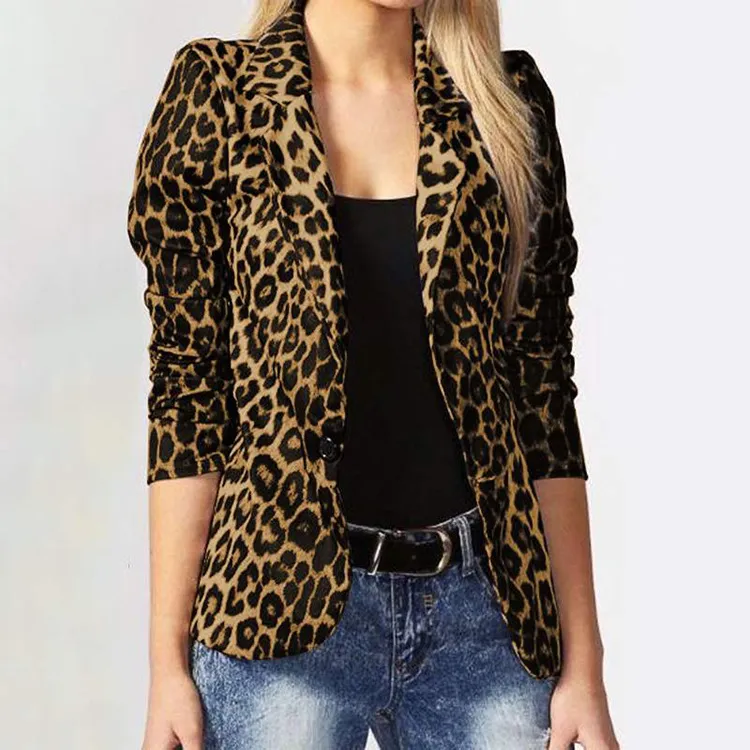 Women Casual Leopard Print Long Sleeve Blazer Jacket