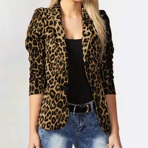 Women Casual Leopard Print Long Sleeve Blazer Jacket