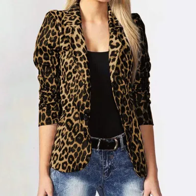 Women Casual Leopard Print Long Sleeve Blazer Jacket
