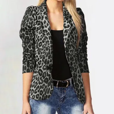 Women Casual Leopard Print Long Sleeve Blazer Jacket