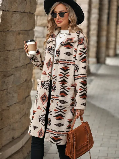 Autumn Winter Women Fashion Ethnic Style Printed Single-Breasted Plush Long Coat