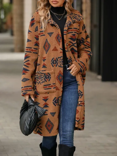 Autumn Winter Women Fashion Ethnic Style Printed Single-Breasted Plush Long Coat
