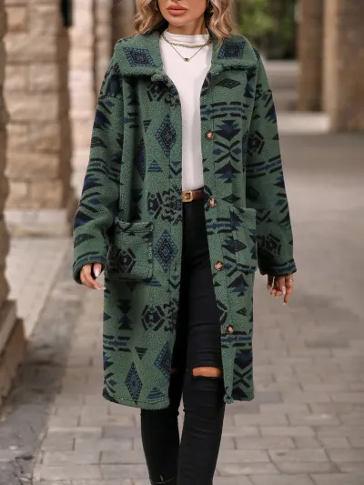 Autumn Winter Women Fashion Ethnic Style Printed Single-Breasted Plush Long Coat