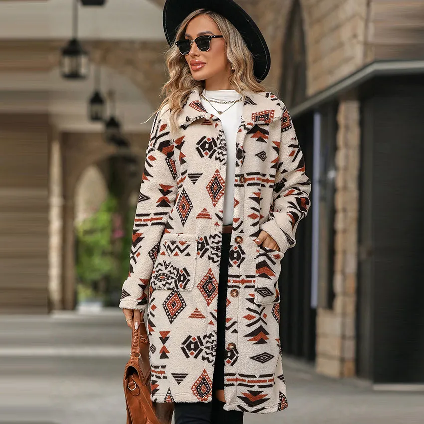 Autumn Winter Women Fashion Ethnic Style Printed Single-Breasted Plush Long Coat