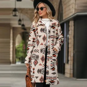Autumn Winter Women Fashion Ethnic Style Printed Single-Breasted Plush Long Coat