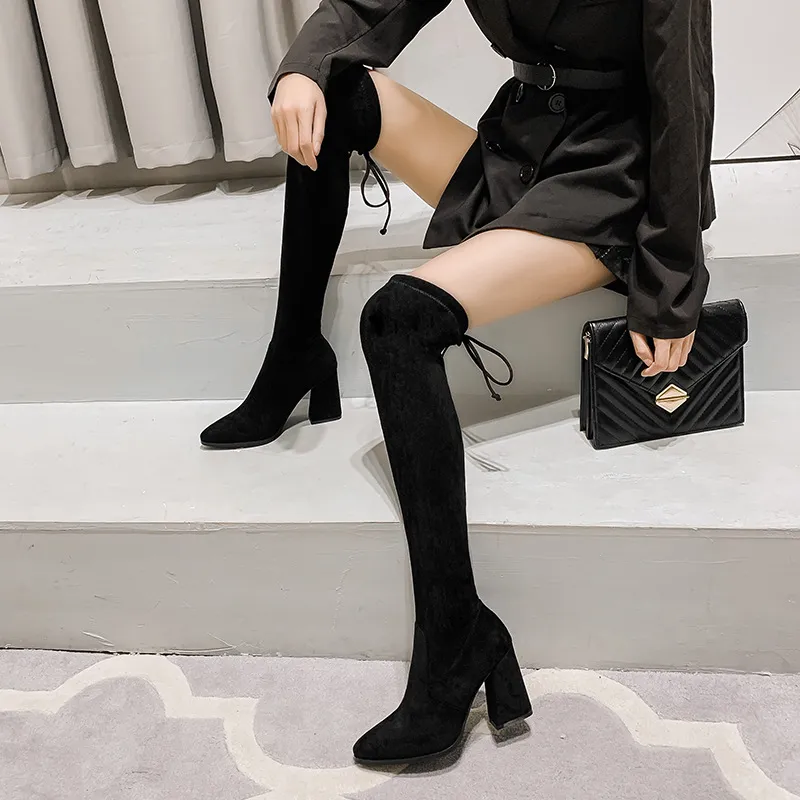 Women Suede Chunky Over The Knee Boots Pointed Toe Winter Fall