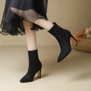 Women Fashion Pointed Toe Suede Leather High Heel Short Boots
