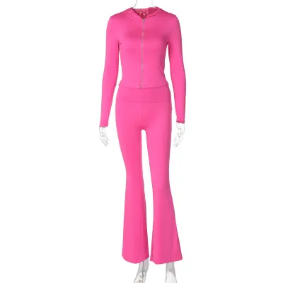 Women's Hooded Top and Flared Pants Set - Street Style Solid Color Milk Silk Two-Piece