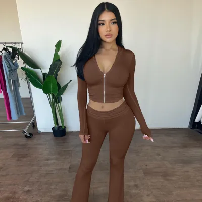 Women's Hooded Top and Flared Pants Set - Street Style Solid Color Milk Silk Two-Piece