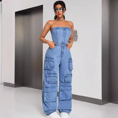 Women Fashion Sexy Strapless Ripped Denim Jumpsuits