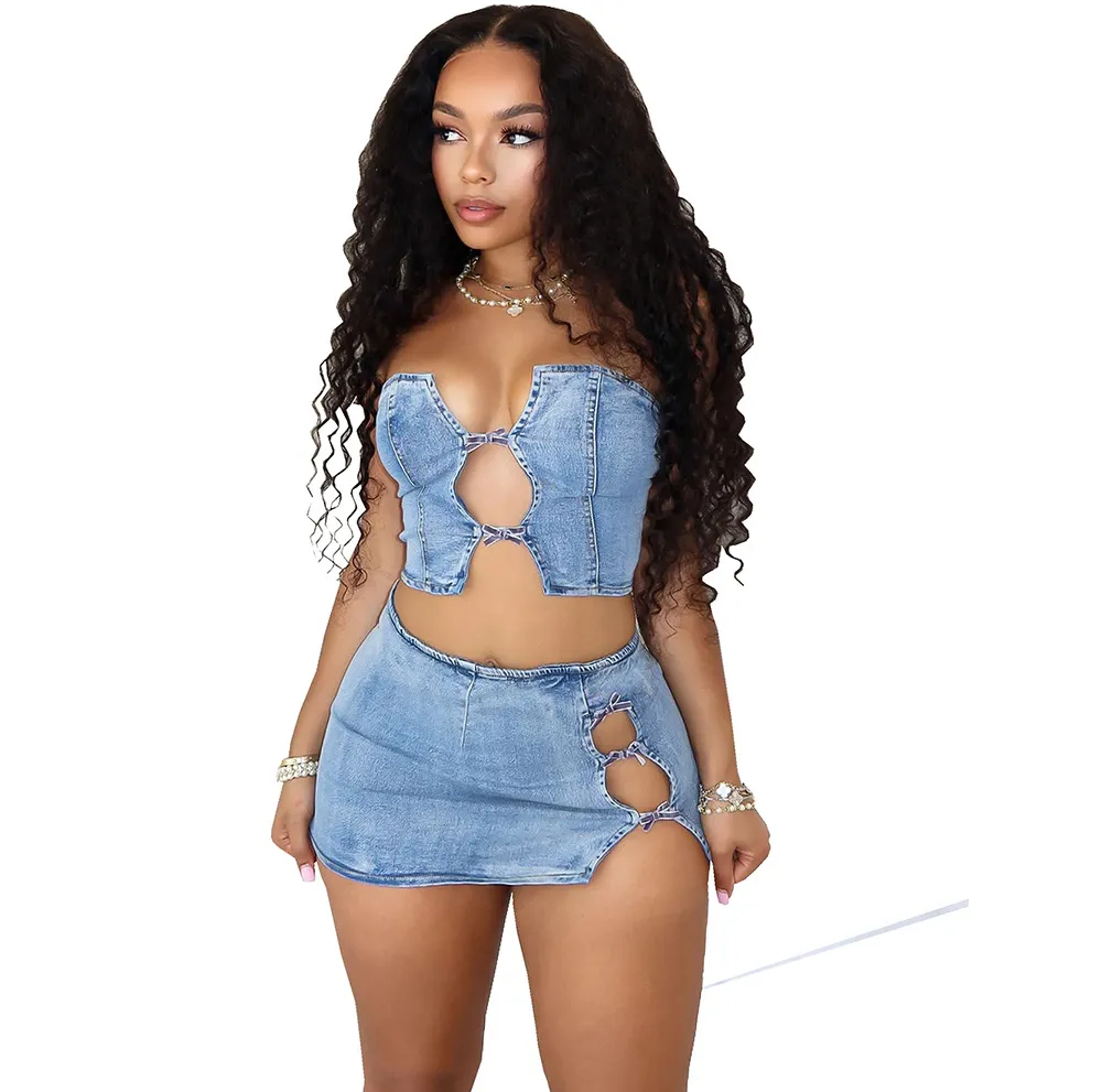 Women Fashion Sexy Lace-Up Top And Skirt Denim Two-Piece Set
