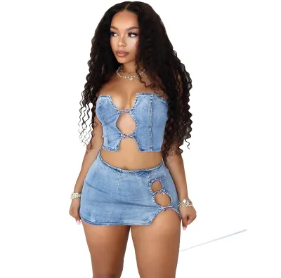 Women Fashion Sexy Lace-Up Top And Skirt Denim Two-Piece Set