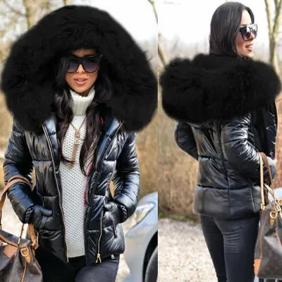 Women's Plush Hooded Coat with Imitation Fur Collar - Slim Fit Urban Style for Autumn Winter