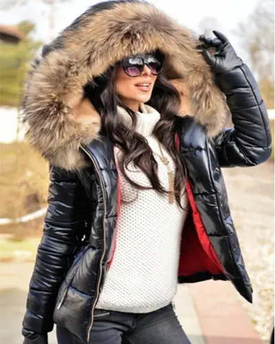 Women's Plush Hooded Coat with Imitation Fur Collar - Slim Fit Urban Style for Autumn Winter