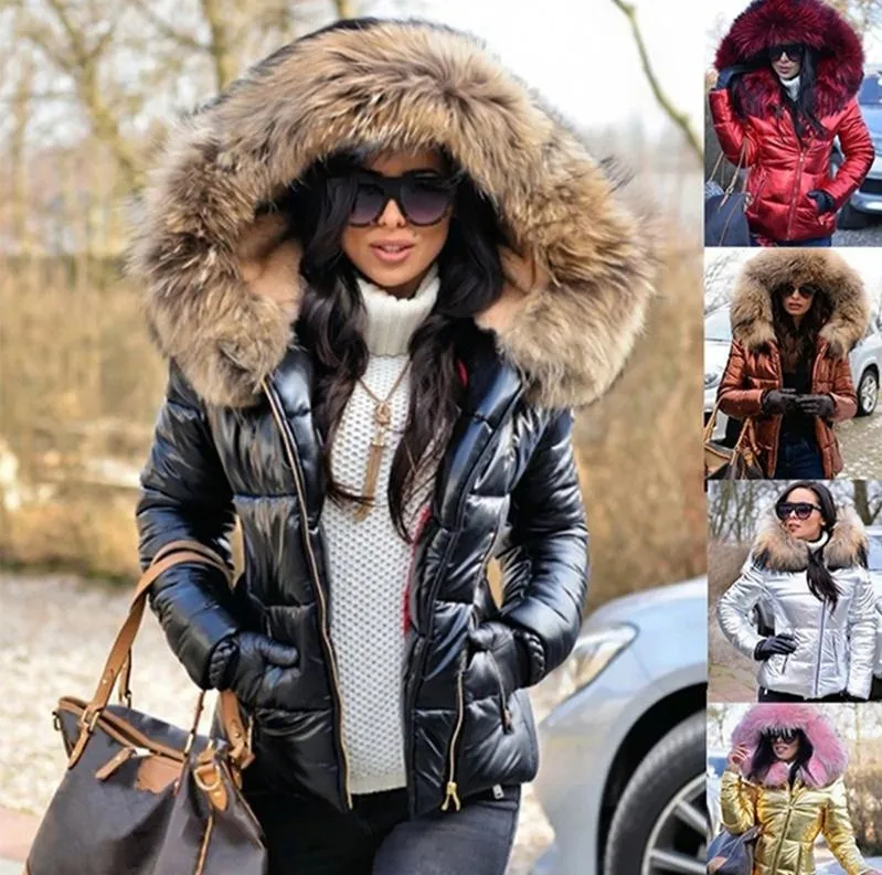 Women's Plush Hooded Coat with Imitation Fur Collar - Slim Fit Urban Style for Autumn Winter