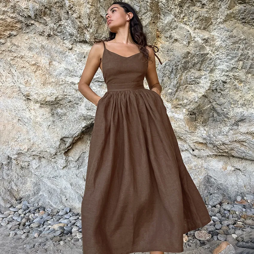 Summer Women Fashion Vacation Style Cotton Linen Breathable Sling Long Dress