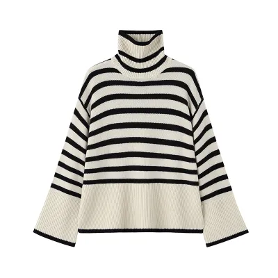 Autumn Winter Women Fashion Stripe Knitted Turtleneck Long Sleeve Sweater