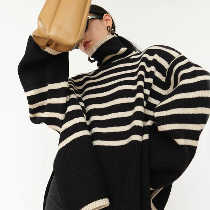 Autumn Winter Women Fashion Stripe Knitted Turtleneck Long Sleeve Sweater