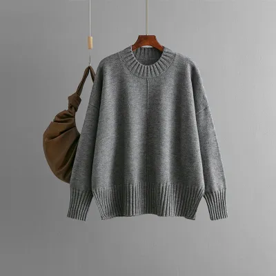 Autumn Winter Women Fashion Solid Color Round Neck Long Sleeve Knitted Pullover Sweater