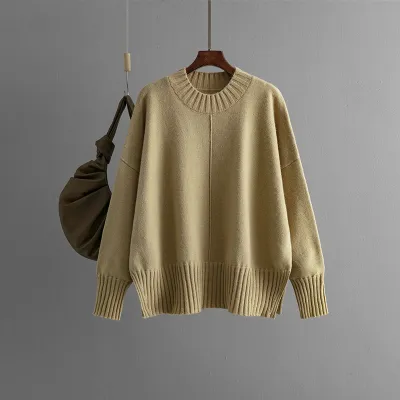 Autumn Winter Women Fashion Solid Color Round Neck Long Sleeve Knitted Pullover Sweater