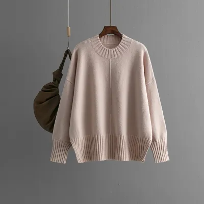 Autumn Winter Women Fashion Solid Color Round Neck Long Sleeve Knitted Pullover Sweater