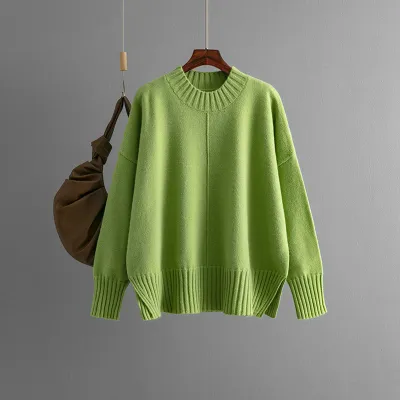 Autumn Winter Women Fashion Solid Color Round Neck Long Sleeve Knitted Pullover Sweater