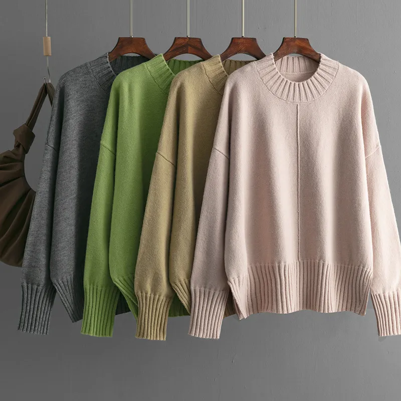 Autumn Winter Women Fashion Solid Color Round Neck Long Sleeve Knitted Pullover Sweater